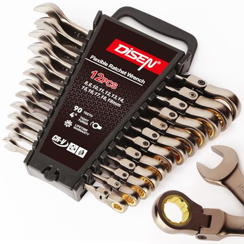 DISEN 12 Pcs Flex Head Ratcheting Wrench Set 90 Teeth, Metric Combination Ratchet Wrenches Set 8-19MM, Nickel Plating Cr-VSteel with Organizer Rack 12pc MM Flex