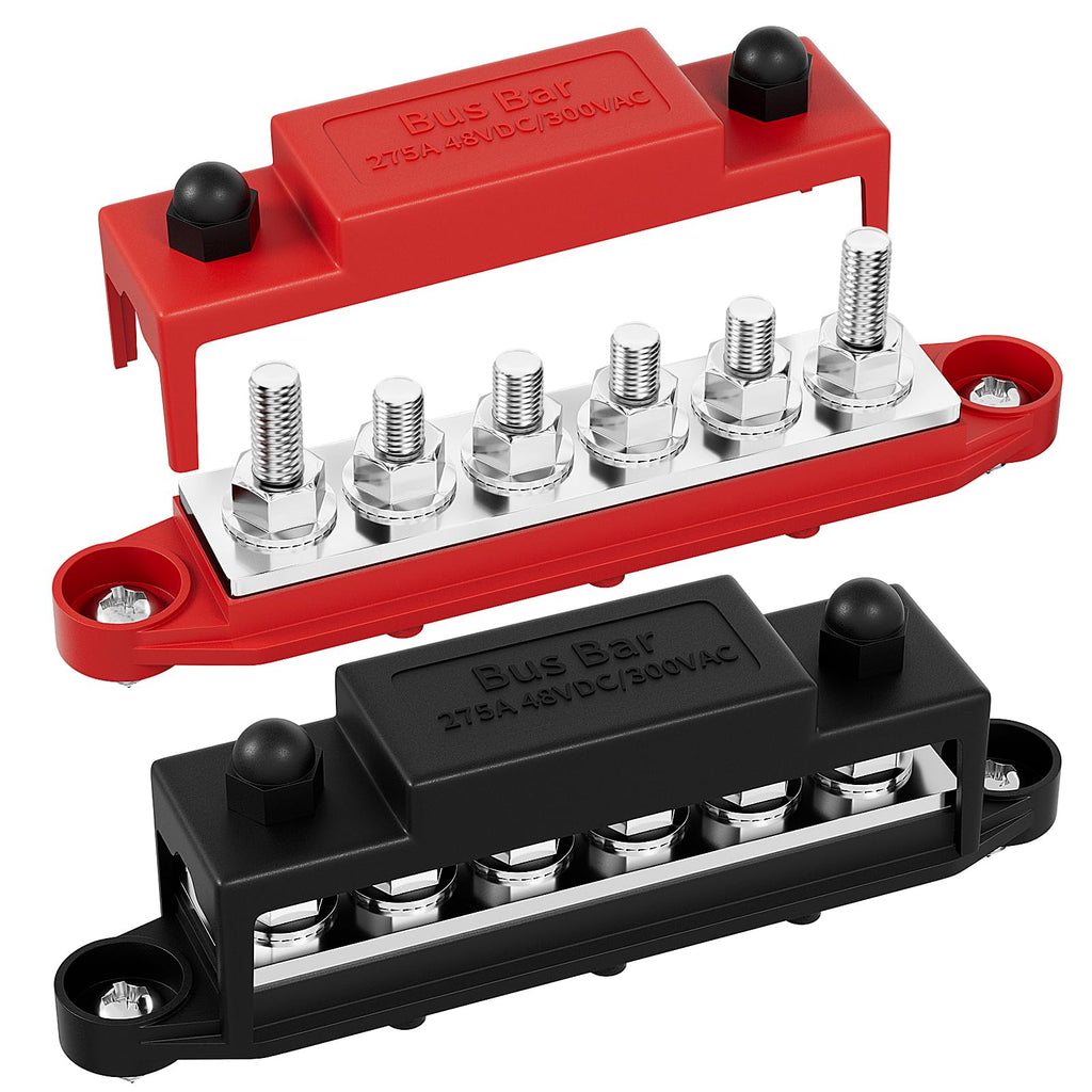 275A Bus Bar 12V Power Distribution Block Car Audio Busbar 6 x 5/16" (M8) Terminal Stud Positive & Ground Battery Bus Bar (Red & Black) 275A 6 x 5/16" Studs