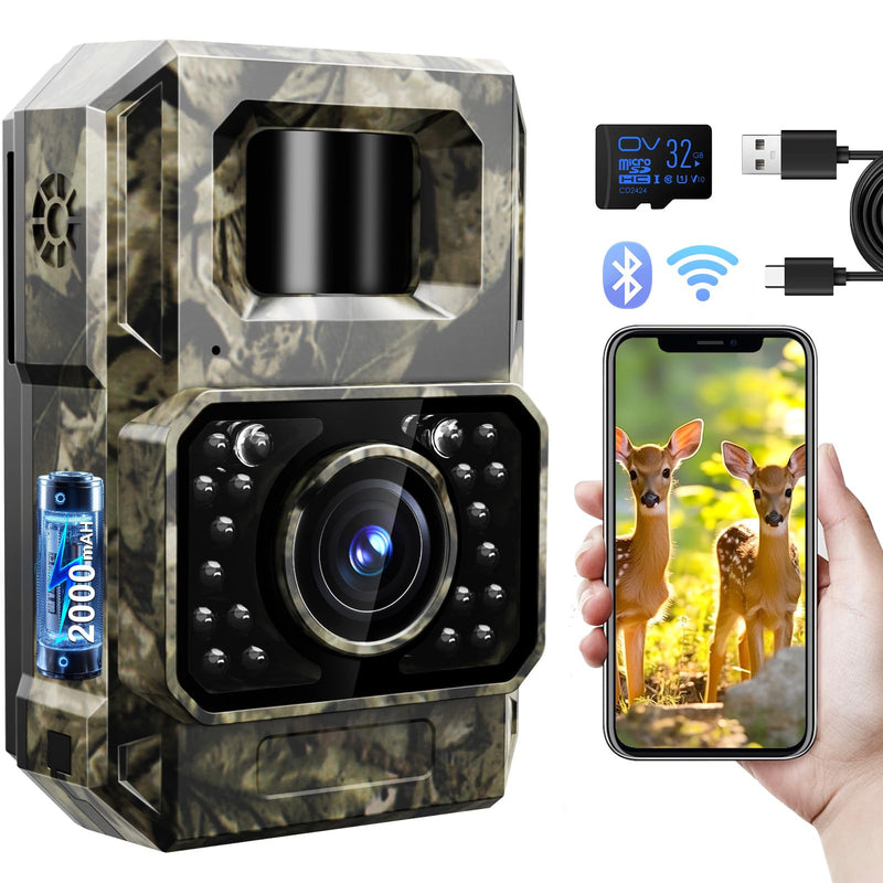 MAXDONE Trail Camera Bluetooth Game Camera, 2000mAh Built-in Battery Rechargeable Power Hunting Cameras with Night Vision Trail Cam Bluetooth 48MP Wildlife Camera Wi-Fi Deer Camera (No Screen) PH960W-1