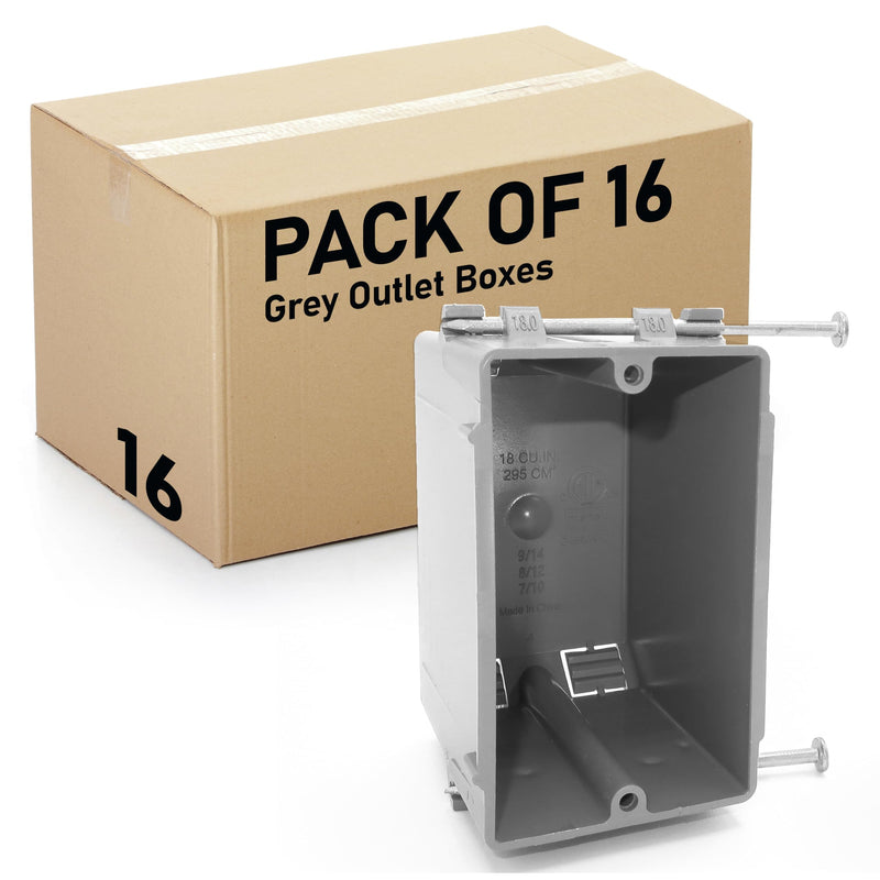 (Pack of 16) Plastic Electrical Box, Grey Outlet Box, Single Gang New Work Junction Box, Captive Nails, 20 cu. Inches, Length 3-5/8'', Width 2-1/8'', Depth 3-1/4''
