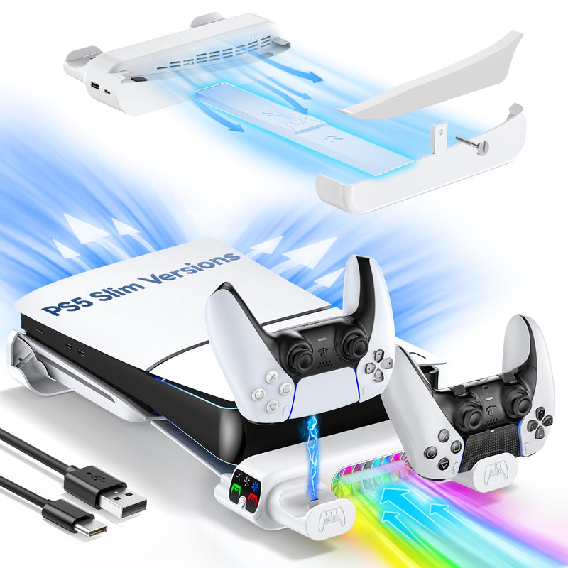 Horizontal Cooling Stand Replacement for PS5 Slim Disc & Digital Only, Dual PS5 Controller Charger with 3-Level RGB Cooling Fan, for 2023 PS5 Slim Console PlayStation 3 Games (NOT Fit 2020 PS5)