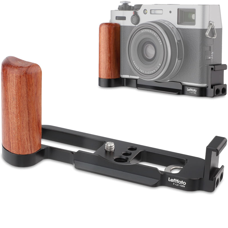 Leftfoto X100V Camera Handgrip L Plate Bracke with Wooden Grip for Fujifilm X-100V Vlog Digital Camera,with Arca Swiss Type Bottom Plate and Cold Shoe