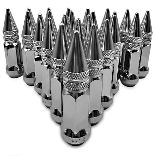 M14x1.5 Spike Lug Nuts, 24pcs 14mmx1.5 Tall Wheel Lug Nuts with 1 Socket Compatible with Ford F250 F350 Super Duty, Chevy Silverado 1500 GMC Sierra 1500 Ford F150 & More, Chrome