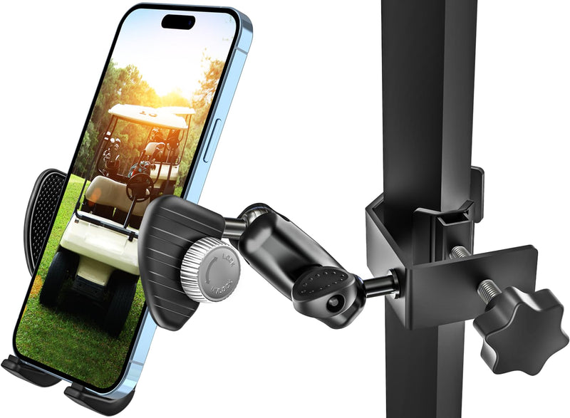 woleyi Golf Cart Phone Holder - [Wider Clamp & Metal Arm] 360° Adjustable Phone Mount for Golf Cart Clip, Compatible with EZGO/Club Car/Yamaha Accessories, for iPhone 16 15 14 13 12 11 XR X 8 Pro Max