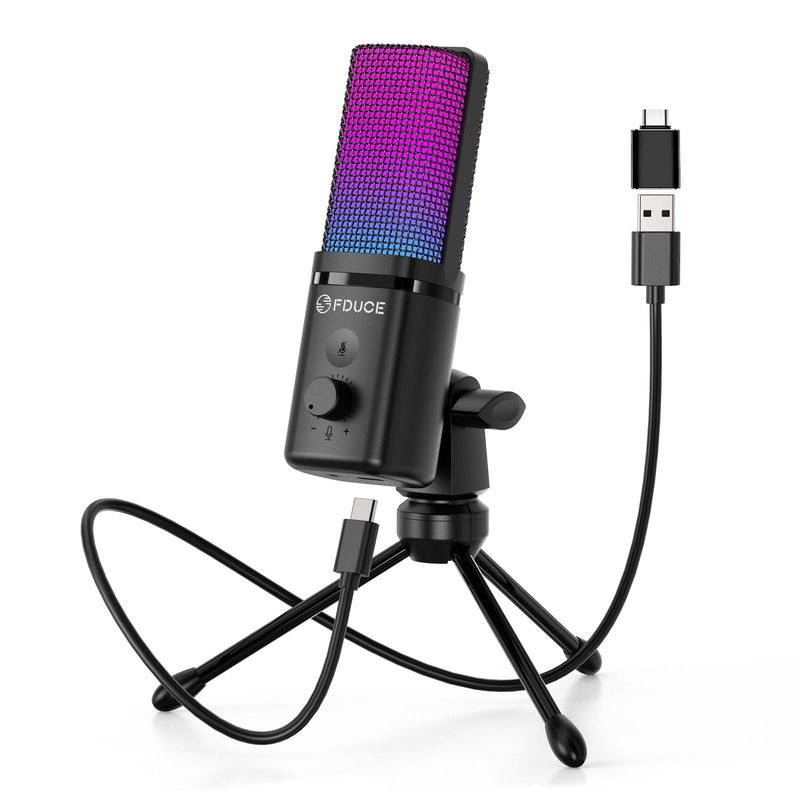 FDUCE M160 Gaming USB Microphone,RGB Condenser Microphone with Tripod,Volume Adjustment and Mute Button Function,Compatible with PC,Laptop,for Gaming,Podcasting,Streaming,YouTube RGB