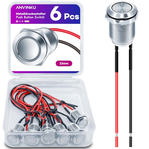 Push Button 6 Pieces, 12 mm Button, Waterproof Push Button Switch | 2A/12V/24V/125V/250V pressure switch, momentary metal button flat head pressure switch for horns, car round 12MM-6PCS