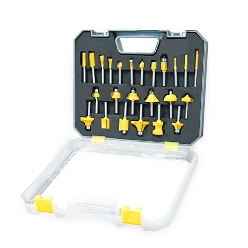 24 Pcs Router Bit Set, Router Bits Set 1/4 Inch Shank for Beginners Woodworking, Include Straight, Dovetail, Chamfer, Cove, Flush Trim, Round Over,with Plastic Box 24 Pcs Router Bit Set in Plastic Box