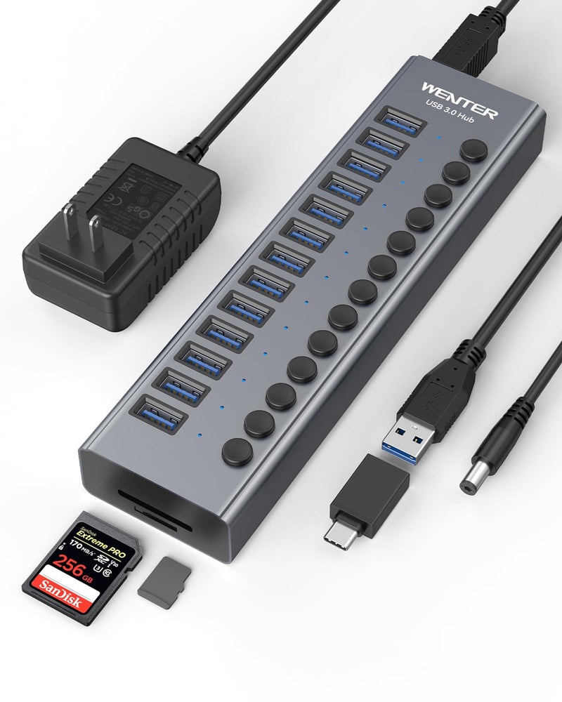 Powered USB 3.0 Hub, Wenter 13 Ports Powered USB Hub with SD/TF Card Reader, Aluminum USB Splitter with Individual On/Off Switches, 12V/3A 36W Power Adapter for PC/Laptops Aluminum 13 Ports
