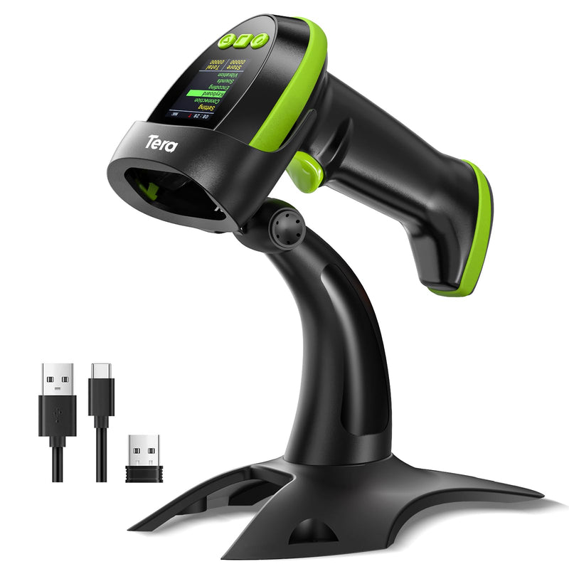 Tera Barcode Scanner Wireless 2D QR with Stand: Digital Setting Screen Keypad Pro Version Extra Fast Scanning Speed Works with Bluetooth 2.4G Wireless USB Wired Bar Code Reader HW0009-Z Green Green with Stand