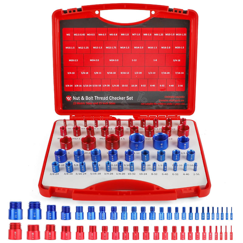 48PCS Thread Checker, Nut and Bolt Thread Checker, Individually Assembled Bolt and Nut Identifier Gauge 23 Inch and 25 Metric, Bolt Size and Thread Gauge with Case, Red & Blue 48pcs Red & Blue