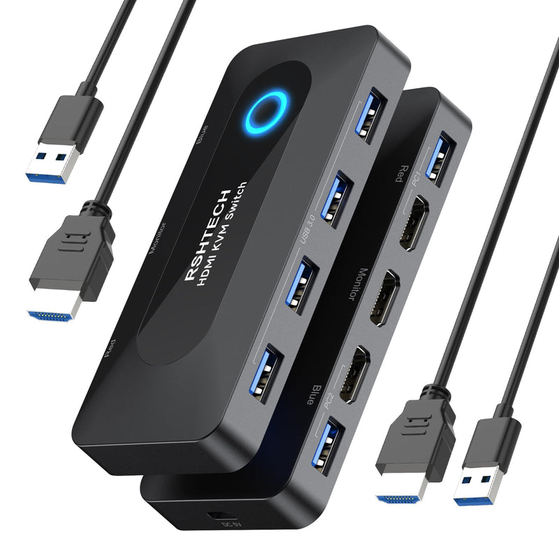 KVM Switch, RSHTECH USB Switch with 4K@60Hz HDMI and 4 USB-3.0 Ports, for 2 Computers Share Keyboard Mouse Printer and one HD Monitor with 2 USB-A Cables and 2 HDMI Cables 2 IN 5 Out HDMI Switch