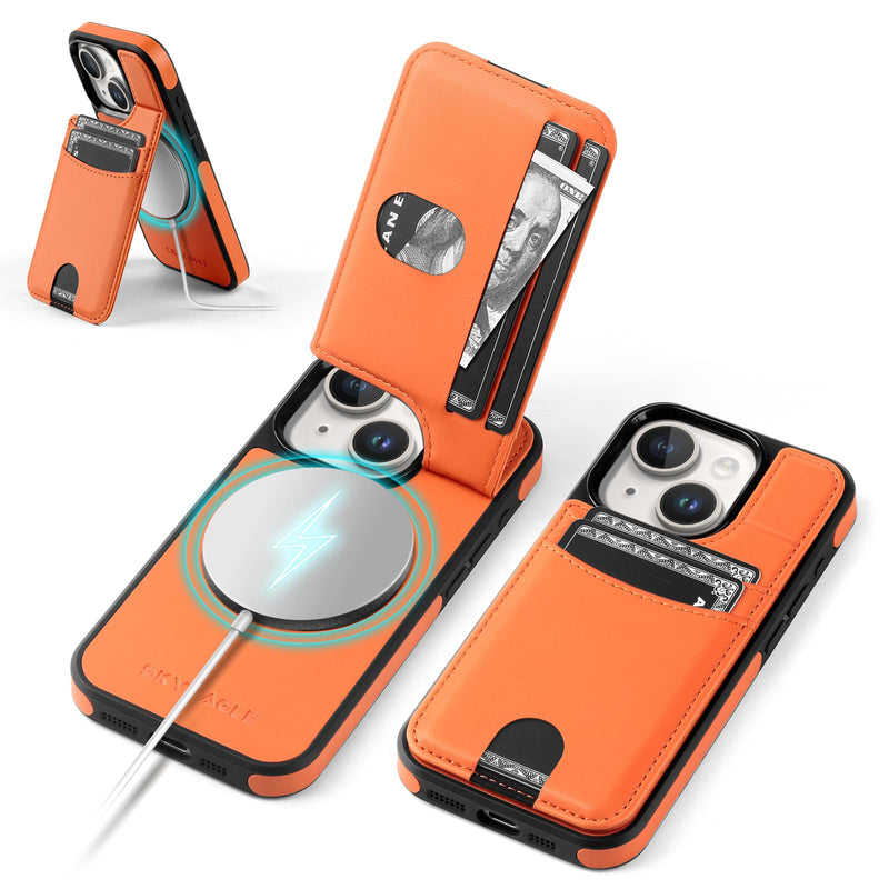 Compatible iPhone 14 Plus Wallet Case with Credit Card Holder【Compatible with Magsafe】 Women Men【RFID Blocking】 PU Leather flip Cover Protective case Suitable Apple 14 Plus,Orange Orange