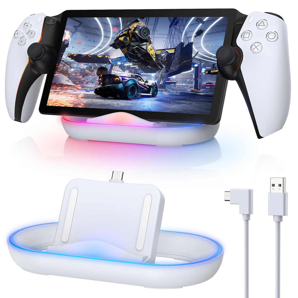 Charging Stand for PS Portal Remote Player, Portable Charge Dock Station with 14 RGB Light Modes and Type-C Cable, Charge Base Holder Accessories for Playstation 5 Portal Console White