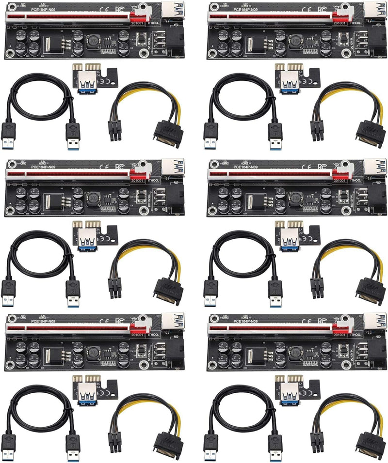 Ver009S-plus PCI-E Riser 16x to 1x for Bitcoin ETH Coin Mining, Powered Riser Adapter Card, 8 Fixed Capacitors, GPU Crypto Currency Cable with USB Power Cable, 6 Pack Black Ver009S-plus-6pcs