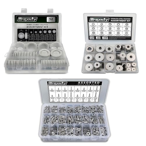 3 in 1 Rubber Plugs for Wiring White (52 Pcs), Fender Washers for Screws and Bolts (225 Pcs) & Phillips Nuts and Bolts (900 Pcs)