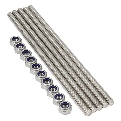 M10 x 250mm 304 Stainless Steel Fully Threaded Rod, Right Hand Threads 1.5mm Pitch with 10pcs Lock Nuts, 5pcs/Pack M10 x 250mm
