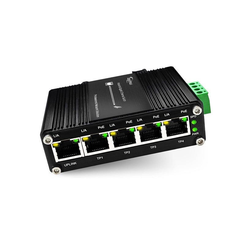 Industrial Gigabit 5-Port 802.3at PoE Switch with 1 Uplink Port, 10Gbps Ethernet Switch Supporting DIN-Rail, PoE Booster Function 5-port PoE