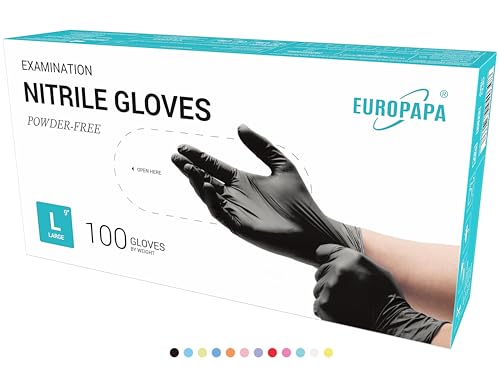 EUROPAPA® 100 x Nitrile Gloves Box Disposable Gloves, Examination Gloves, Nitrile Gloves, Powder-Free, Latex-Free, Non-Sterile, Latex-Free, Disposable Gloves (L, Black) L (Standard Box)