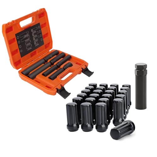 M14x1.5 Lug Nuts Spline Black 24 Pack 14x1.5 Aftermarket Wheel Lugnut, with 8PCS Spline Lug Nut Key Set, SAE Metric Lug Nut Socket Set