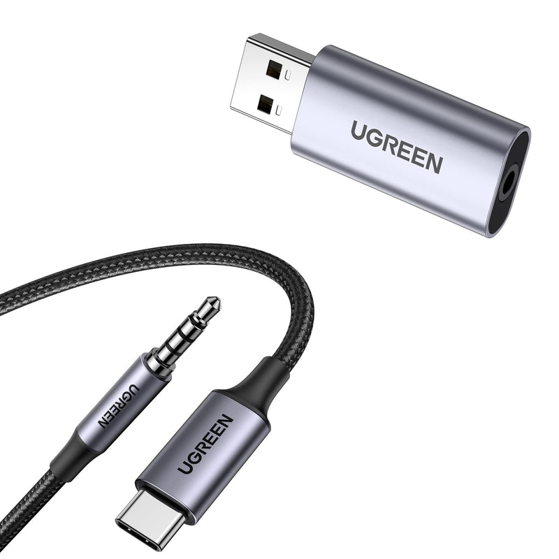 UGREEN USB to Audio Jack USB External Sound Card 3.5mm Audio Adapter 2 in 1 USB A to Aux TRRS Headphone Bundle with Aux to USB C, Type C to 3.5mm Audio Jack Cable 3.3FT