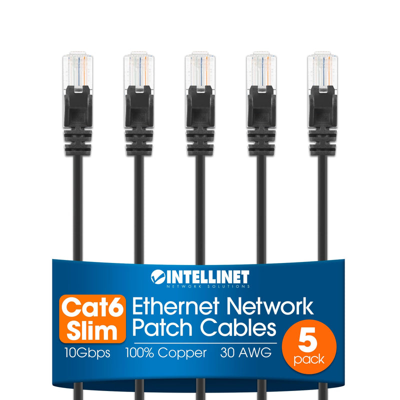 Intellinet Slim Cat6 Ethernet Network Patch Cable – 5 Pack - 10Gbps & 250MHz, Snagless Boot, 30AWG Pure Bare Copper Wire, Gold-Plated Contacts, Lifetime Mfg Warranty - 25ft, 5 Pack, Black 25 ft 5 Pack Regular Boot