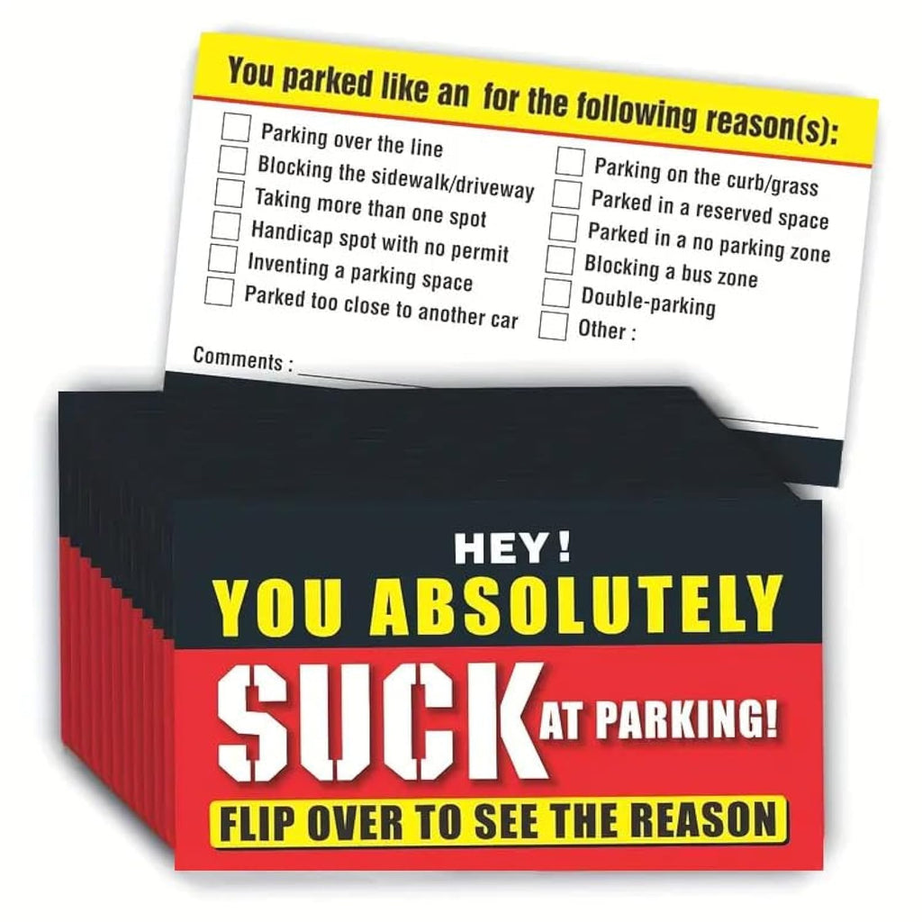 Bad Parking Cards - 100Pcs You Absolutely Suck At Parking Cards -Funny Parking Violation Tickets with Multi Violation Reasons (3.5 x 2 Inches), Red