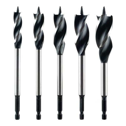 Norske Tools NIABP245 5PC Auger Drill Bit Set(1/2", 5/8", 3/4", 7/8" & 1"), 6-1/2" Long for Wood 1/4" Hex Shank 5PC (1/2", 5/8", 3/4", 7/8", 1")