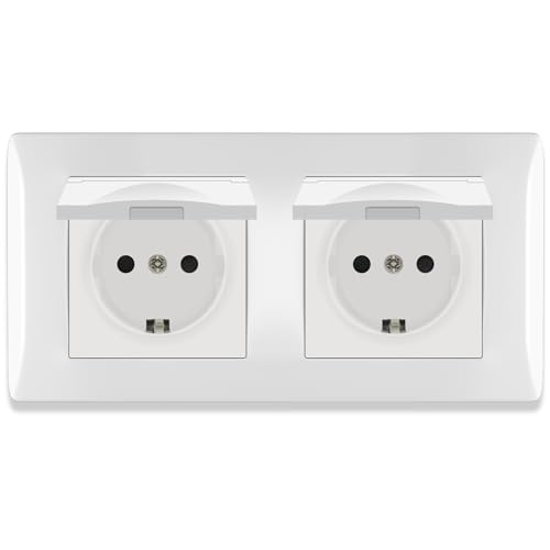 BSEED Socket with Waterproof Cover, Flush-Mounted Double Socket with Plug-In Terminal, 2-Way Socket Flush-Mounted with PC Frame, Double Wall Socket 16 Amp White - 152 mm 2 Fach mit Deckel PC 152mm