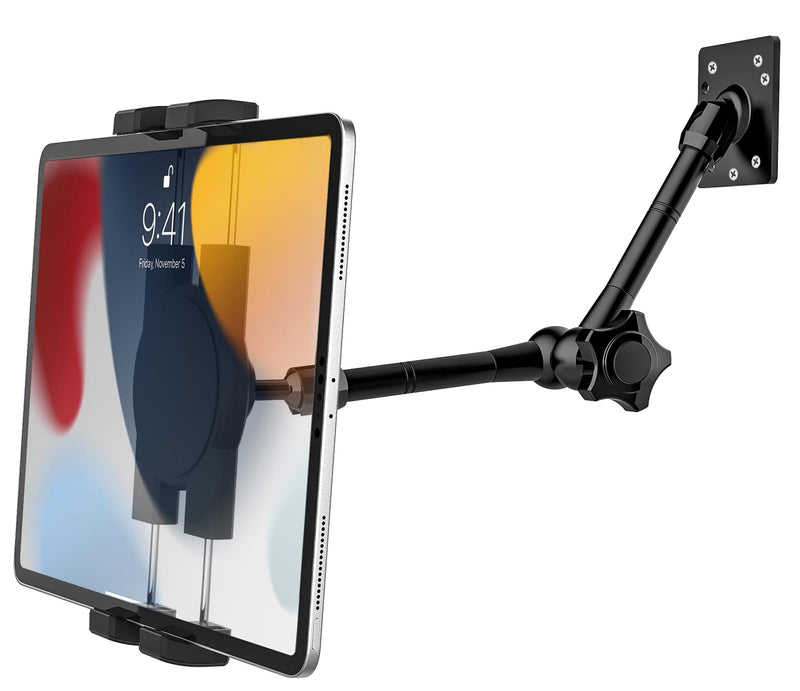 Adjustable Wall Tablet Holder, Tablet Swivel Arm Wall Mount, Drill Base Metal iPad Stand for Kitchen/Bed Room/Counter for 4-12.9" Tablets & Phones, iPad Pro Air Mini, Galaxy Tab, Switch, iPhone Level 2 Long Arm