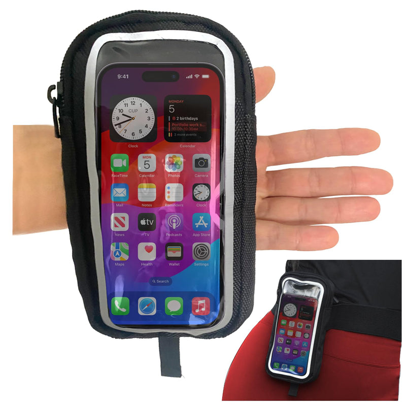 Ultimate 3-in-1 Essentials Carrier: Running Handheld Phone Holder, Hiking Pouch Belt Holster & Fitness Armband Case - with Clear Window, Fits iPhones and Most Androids - Water Resistant, Adjustable! Stylish Black
