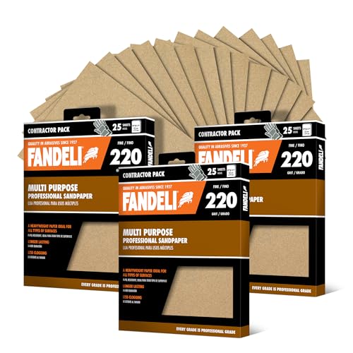 Fandeli | Multi-Purpose Sandpaper | 220 Grit Aluminum Oxide | 75 Sheets of 9'' x 11'' | Ideal for Metal and Wood | Compatible with Orbital Sanders, Brown