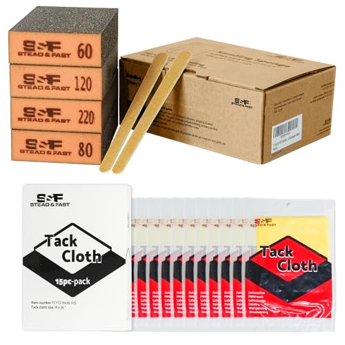 S&F STEAD & FAST Sanding Sponge, 60 80 120 220 Coarse Medium Fine Grit Sanding Block & Tack Cloth Automotive, 30 pcs