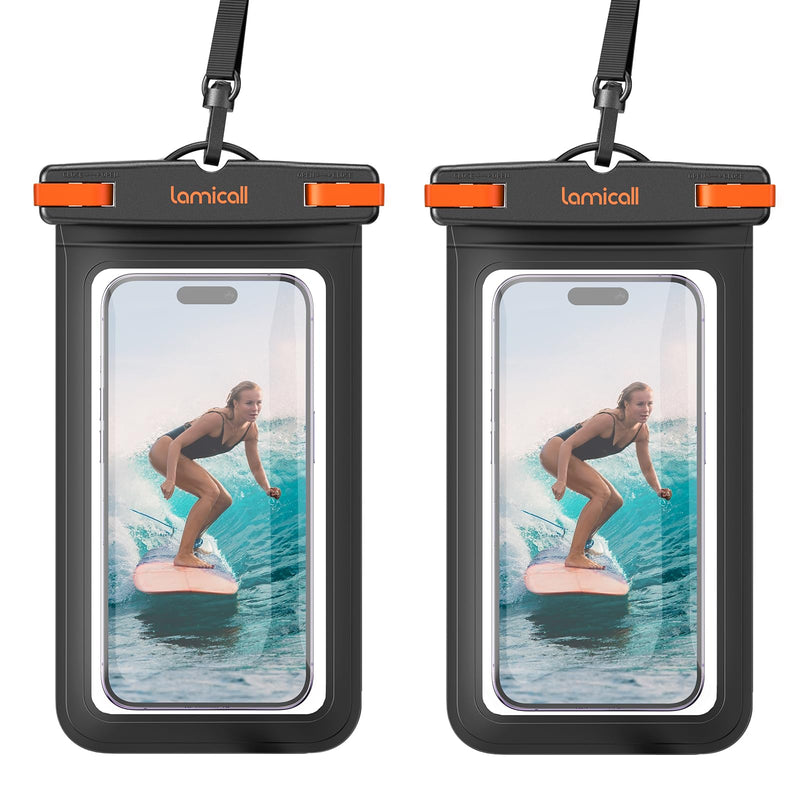 Lamicall 2 Pack Waterproof Phone Pouch Case - IPX8 Water Proof Cell Phone Dry Bag for iPhone 15 14 13 12 11 XS XR X Pro Max Plus Mini, more 4-7" Cellphones Black