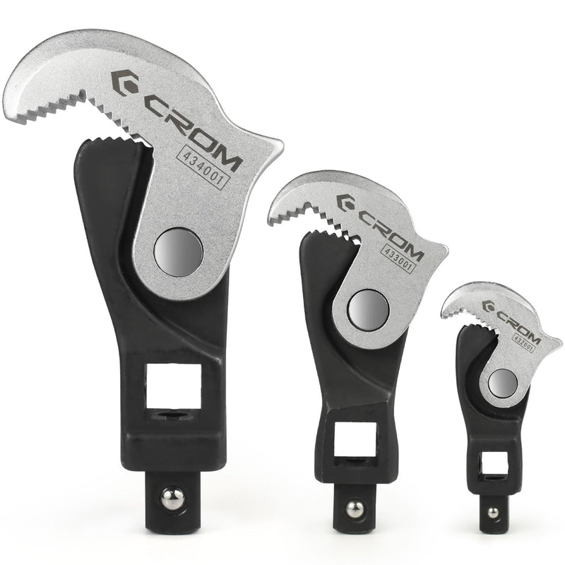 CROM Adjustable Crowfoot Wrench Set - Spring Loaded Wrench – Male & Female Square Drives Work With Ratchet, Breaker Bar, Extension Bar (3 Piece Set (1/4", 3/8", 1/2")) 3 Piece Set (1/4", 3/8", 1/2")