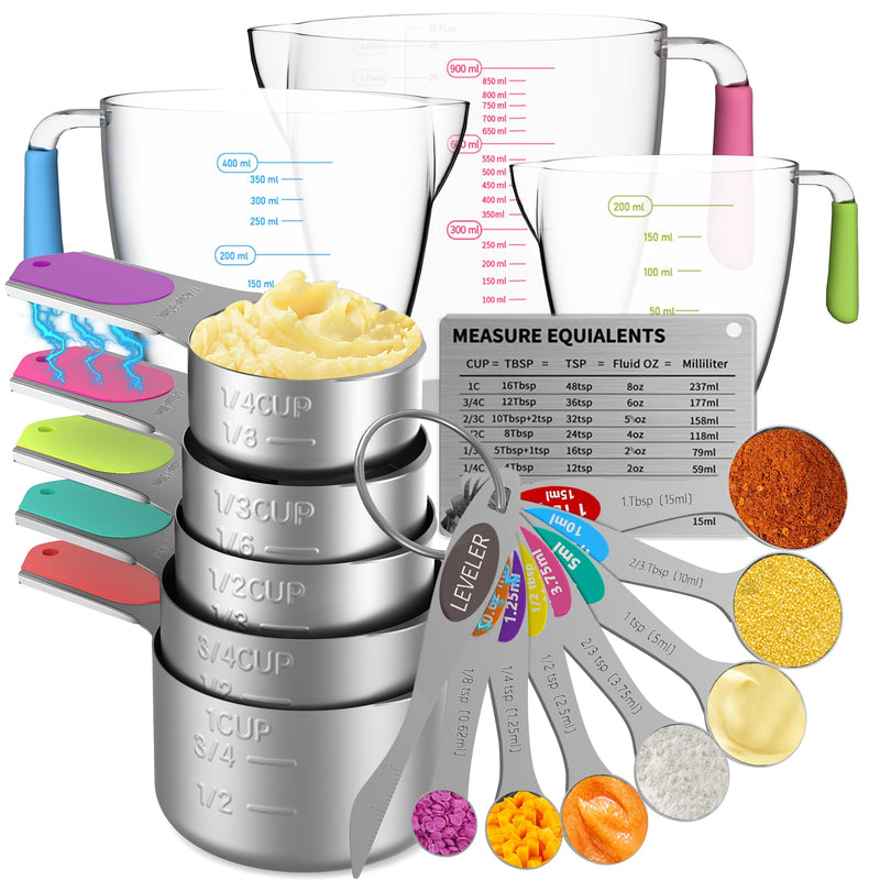 Stainless Steel Measuring Cups and Spoons Set of 20, 7 Nesting Measuring Cups, 7 Spoons & 1 Leveler, 5 Mini Spoons, Kitchen Gadgets for Cooking & Baking Silver