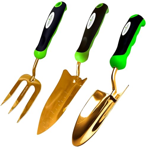 Garden Guru Titanium Garden Tool Set 3pc Hand Trowel Transplanter Cultivator – Heavy Duty - Rust Resistant - Ergonomic Handle – Perfect Gardening Tool Kit Gifts for Women & Men