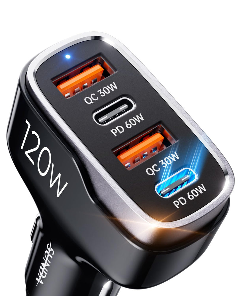 SUNDA 120W USB C Fast Car Charger, 4-Ports Car Charger Adapter, Dual Type C PD60W/PPS60W Compatible with iPhone15/14 Pro/Max/iPhone13/Galaxy/SamsungS23, Dual USB-A 18W QC3.0 for Android(Black) 2A2C-Black 120W 03