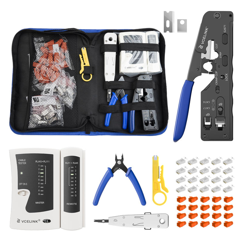 VCELINK RJ45 Crimp Tool, All-In-One Ethernet Pass Through Crimper for CAT7 CAT6A CAT6 CAT5e CAT5 Ethernet Connectors by Screw Adjustment (Kit-with Punch down Tool) Kit with Punch Down Tool