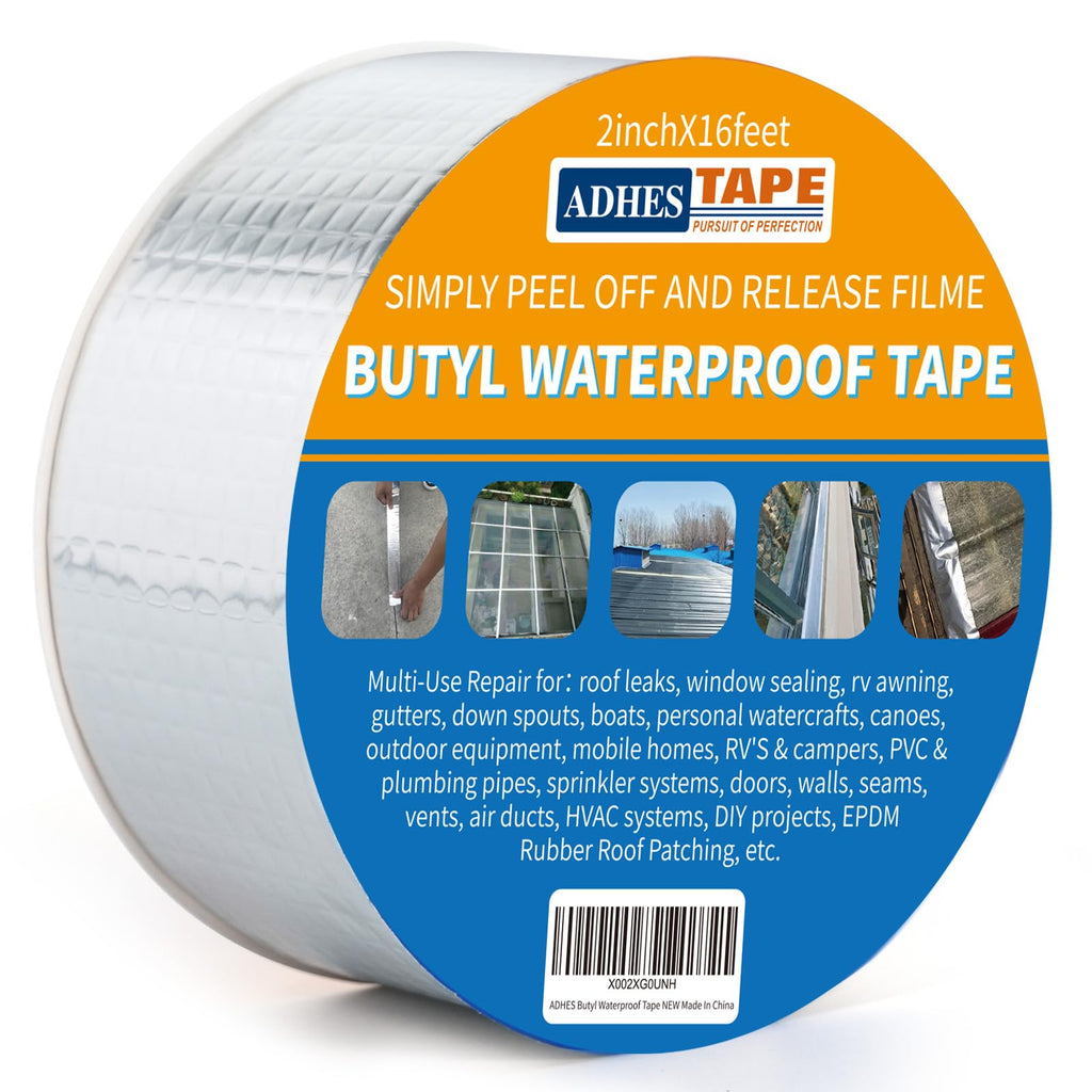 ADHES Upgrade Butyl Tape Waterproof Tape, 1.2mm Thick, 2 inch x 16 feet, Aluminum Foil Tape Butyl Sealant Tape for RV Repair, Window, Boat and Pipe Sealing, Glass & EDPM Rubber Roof Patching,Silver 50mm x 5m