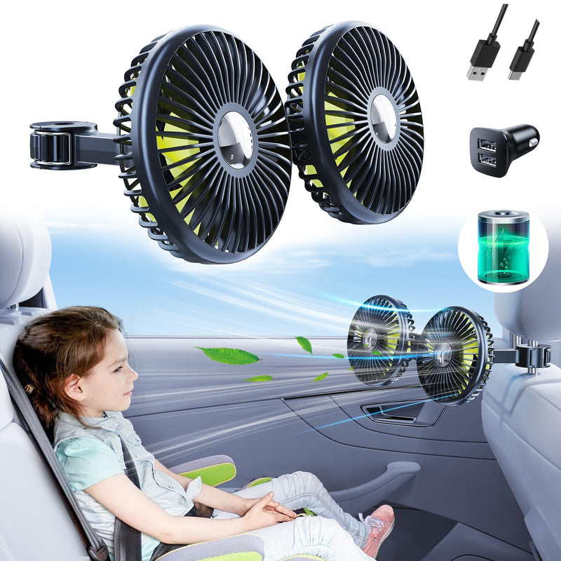 Battery Fan for Car Backseat, 360°Rotatable Car Fan for Back Seat Kids, [Comes with Car Charger&USB C Cable*1] 3 Speeds Separate Control Rechargeable Fan for Car Seat Fit for Vehicles SUV RV 2000mAh