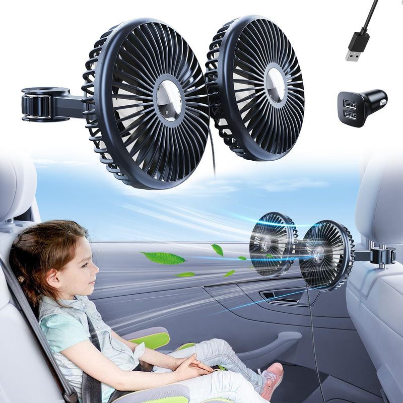 Car Fan for Back Seat, [Comes with Car Charger*1] 360°Rotatable USB Car Seat Fan for Baby Rear Facing, 3 Speeds Separate Control Car Fan for Backseat Kids, Car Cooling Fan for Vehicles SUV RV