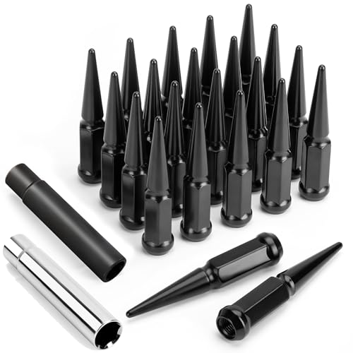 M14x1.5 Spike Lug Nuts for Chevy Silverado 1500 F-150 Ram 1500,24PCS 4.4" Tall Conical Bulge Seat 14mmx1.5 Solid Black Spiked Lug Nuts with 2 Socket Keys Wheel Accessories for Sierra 1500 Expedition