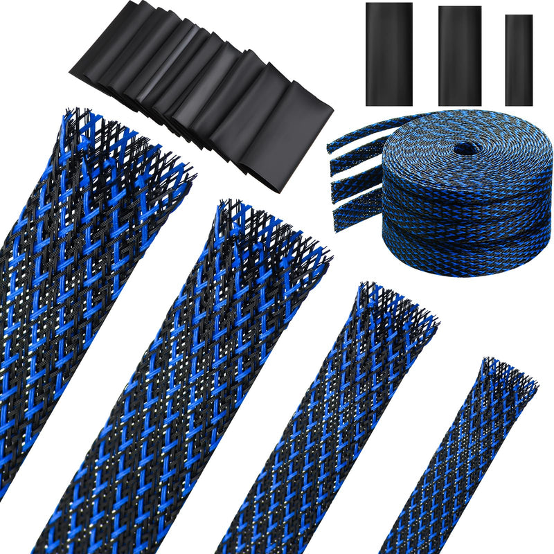 Tatuo 65.6 ft Expandable Braided Cable Sleeve Multi Size Braided Wire Sleeve with 120 Pcs Heat Shrink Tubing for Television Audio Computer Cables Video Pets,1/4 in,2/5 in,1/2 in,3/4 in(Blue, Black) Blue, Black