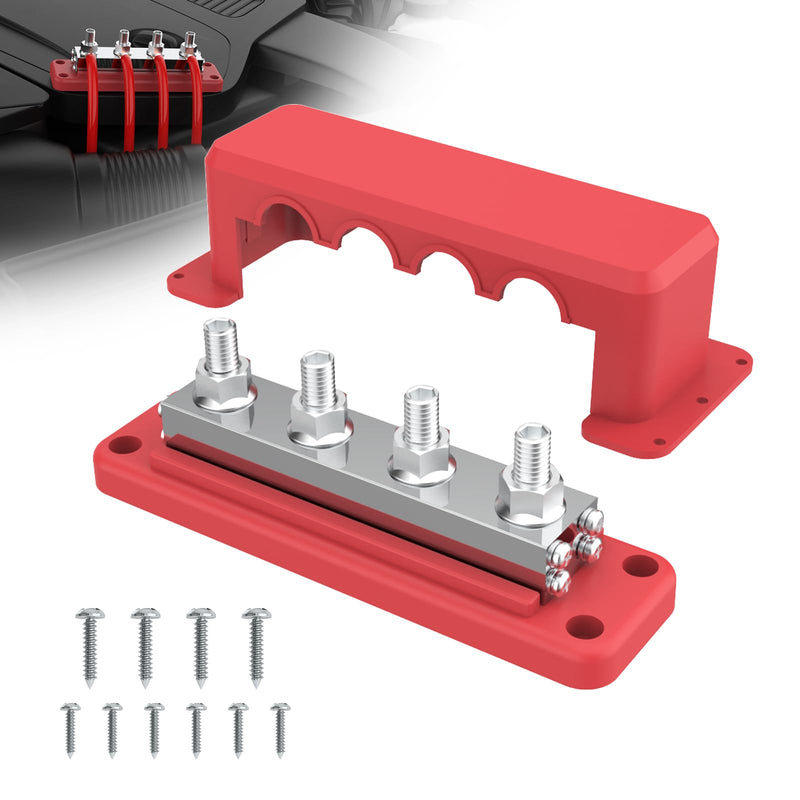 600A Bus Bar 12V Power Distribution Block with 3/8" (M10) 4-Posts Heavy Duty Terminals Block with Cover for Automotive, Marine, Battery System (Red) 3/8" - Red
