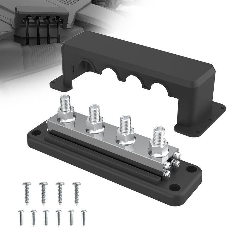 600A Bus Bar 12V Power Distribution Block with 3/8" (M10) 4-Posts Heavy Duty Terminals Block with Cover for Automotive, Marine, Battery System (Black) 3/8" - Black