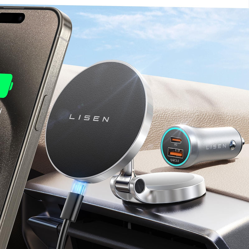 LISEN for Magsafe Car Mount Charger 15W, [Upgrade Set] 360° Rotation Magnetic Wireless Car Charger with 38W Car Charger, Foldable Car Phone Holder Dashboard fit iPhone 15 14 13 12 Pro Max Plus Mini