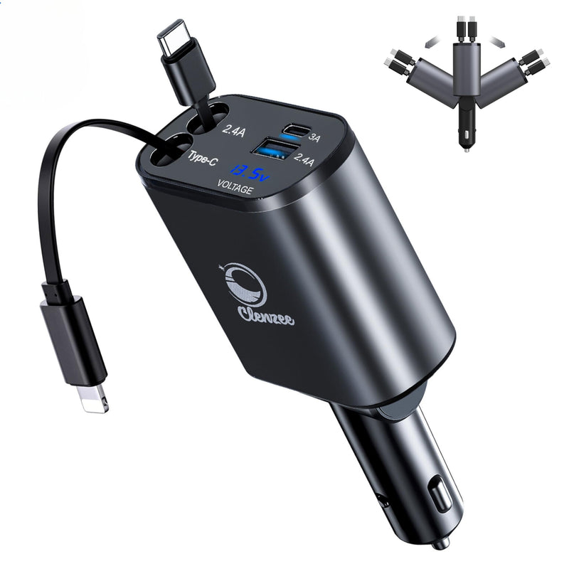 Retractable Car Charger 4 in 1 Fast Car Phone Charger - 66W Dual Retractable Type-C & iOS Cords USB-A & USB-C Ports to Rapidly Charge 4 Devices at once Compatible with iPhone 15/14/13/12,Galaxy,Pixel Type C + Lightning