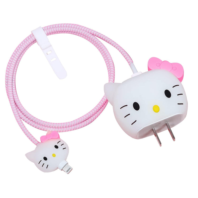 Generic 3D Cute Cartoon Series Fast Charger Protector for iPhone 18W 20W iPhone 14 13 12 11 Pro Max Fast Charging Cable Charger Head Cover Cable Accessory Data Cable Protective Sleeve(4in1), Pink