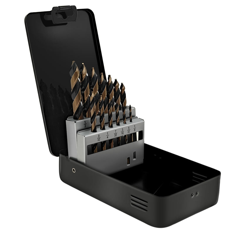 Steel Vision Hyper-Step HSS Cobalt, No Pilot Hole Needed, (1/8"" - 1/2") 13 pc TurboStep HSS Mechanics Stubby Drill Bit Set, Industrial-Grade, Metal Drilling for Stainless/Hardened Steel