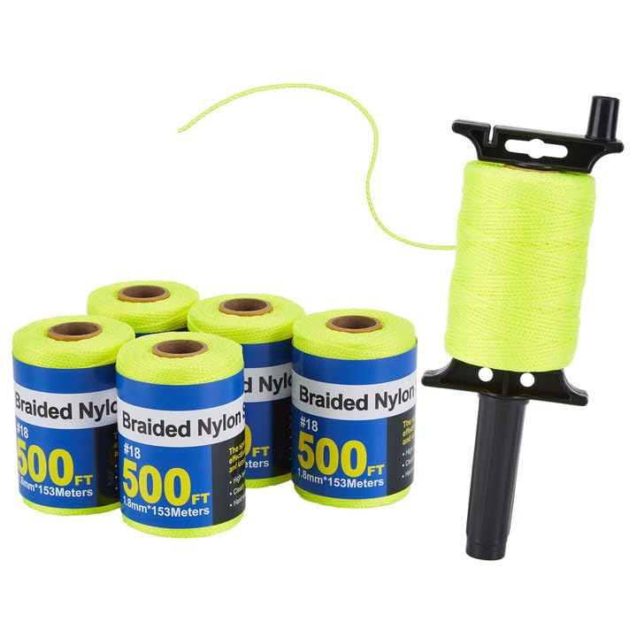 6 Roll Mason Line String Line - #18 Braided Nylon String - 500 Ft Length - Nylon with Reloadable Line Reel Twine for Gardening Or Masonry Tools - Perfect Construction String (Yellow) Yellow